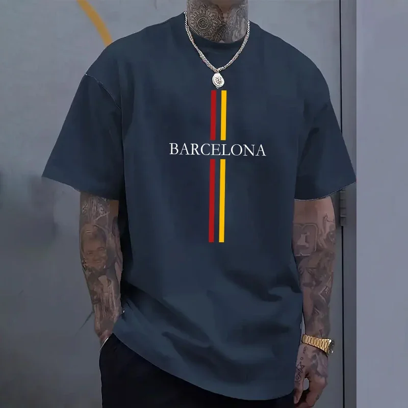 Home Barcelona - Męska bawełniana koszulka Barcelona, wiosna-lato, codzienna,