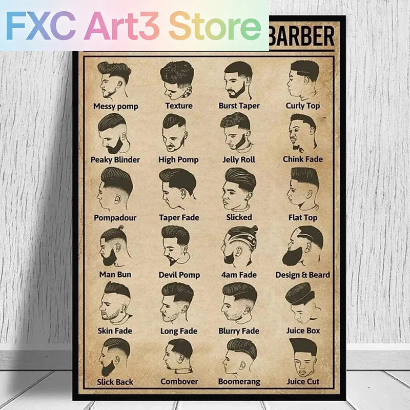 Home Barber - Bezramowy, retro plakat fryzjerski z fryzurami